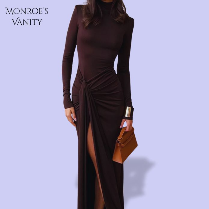 ROSALYN - Long Sleeve Turtleneck Slit Maxi Dress