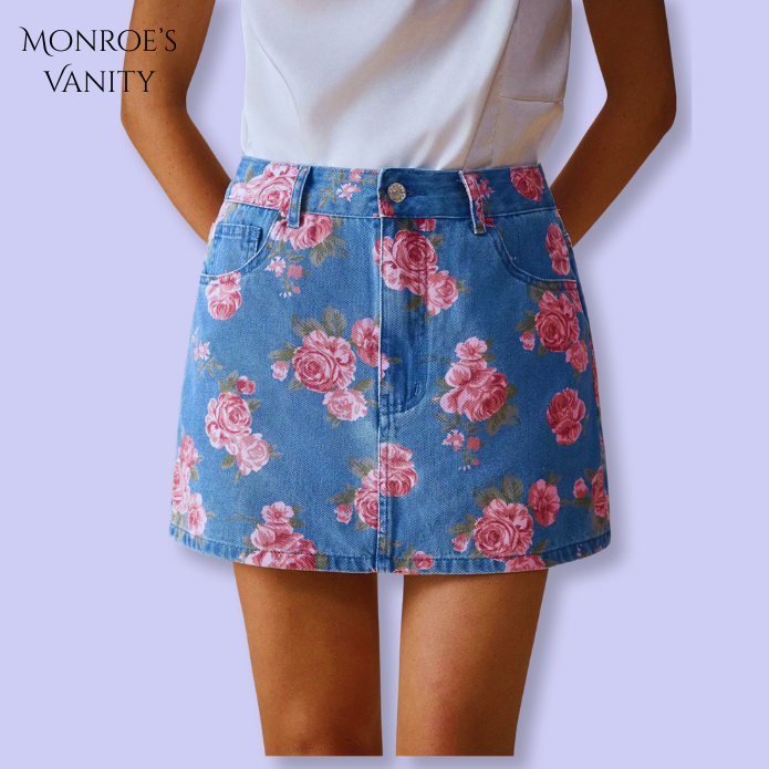ROS'AIRE - Floral Print Denim Skirt