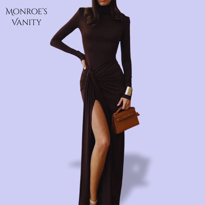 ROSALYN - Long Sleeve Turtleneck Slit Maxi Dress