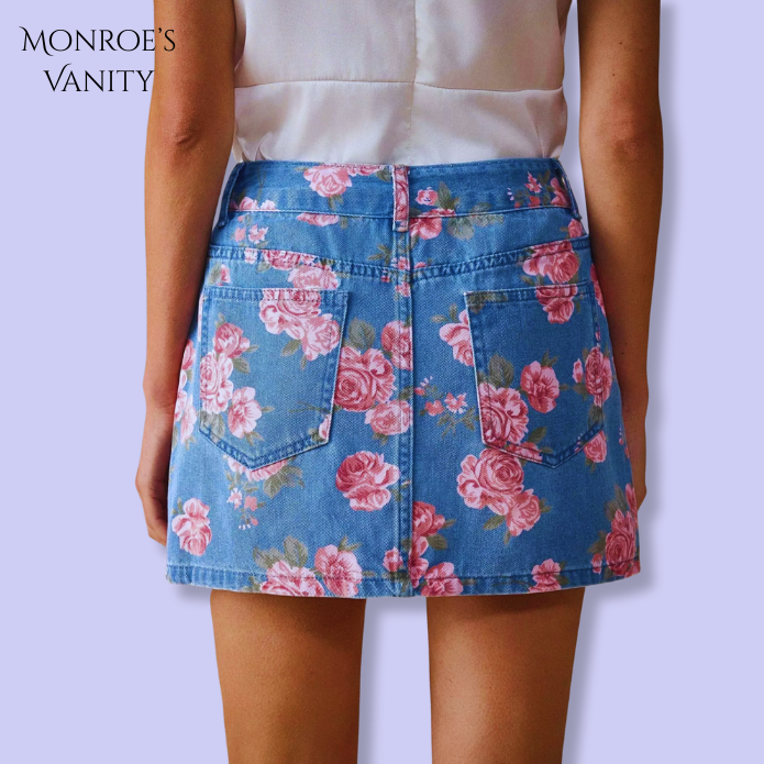 ROS'AIRE - Floral Print Denim Skirt