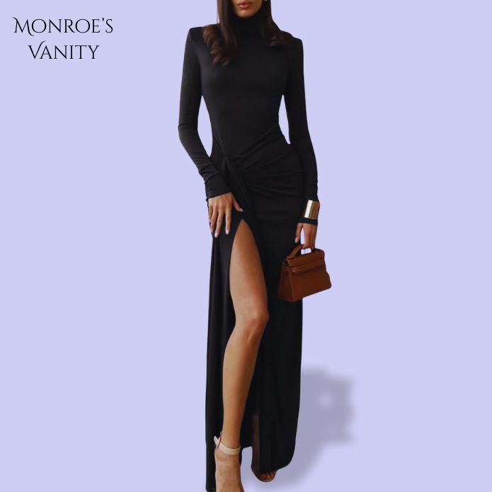 ROSALYN - Long Sleeve Turtleneck Slit Maxi Dress