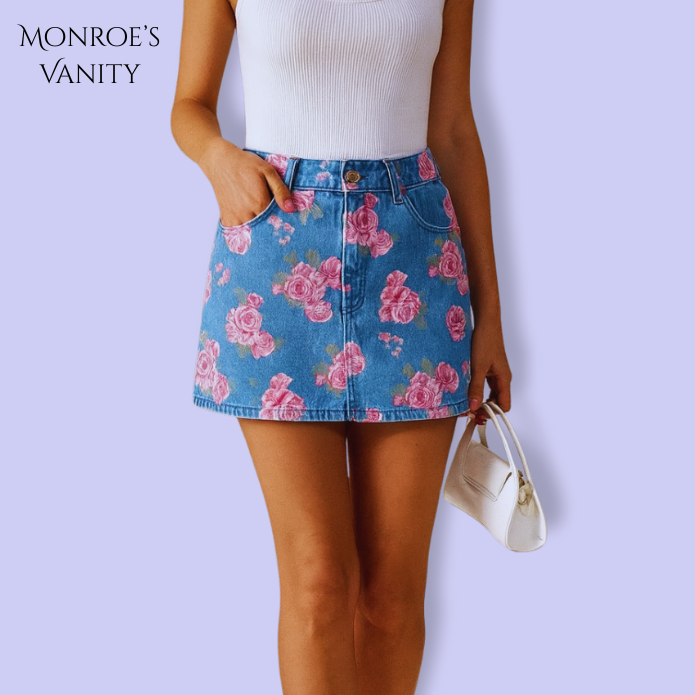 ROS'AIRE - Floral Print Denim Skirt