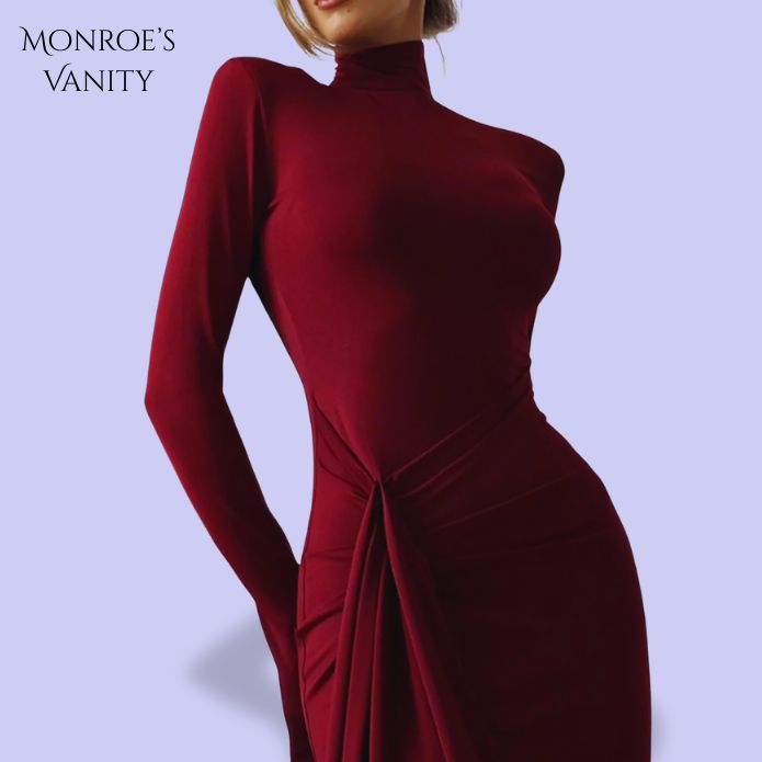 ROSALYN - Long Sleeve Turtleneck Slit Maxi Dress