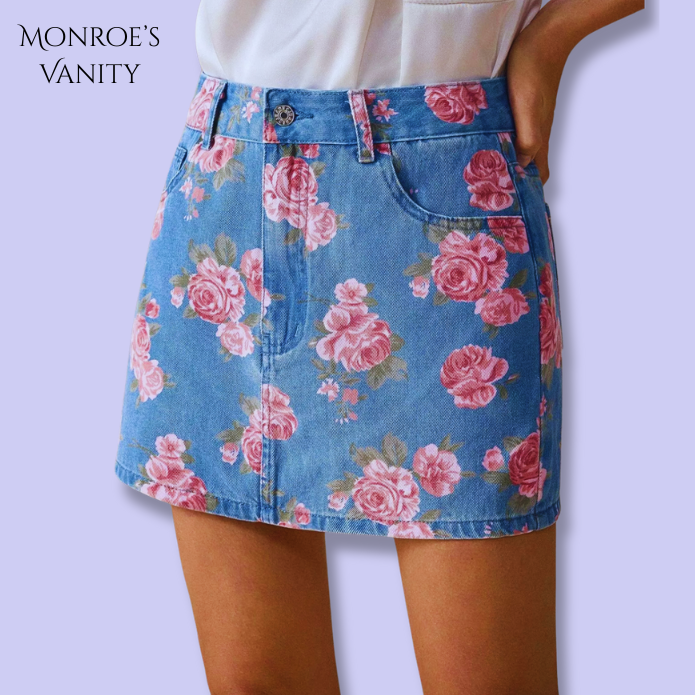 ROS'AIRE - Floral Print Denim Skirt
