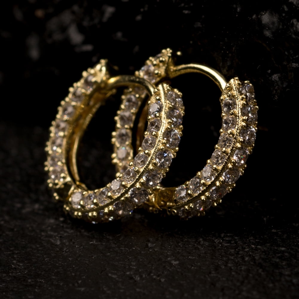 Men'S Fully Iced Small 14K Gold Plated 925 Sterling Silver Cz Hoop Earrings
