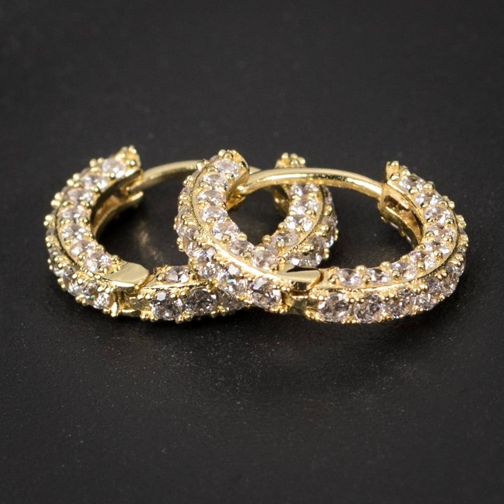 Men'S Fully Iced Small 14K Gold Plated 925 Sterling Silver Cz Hoop Earrings